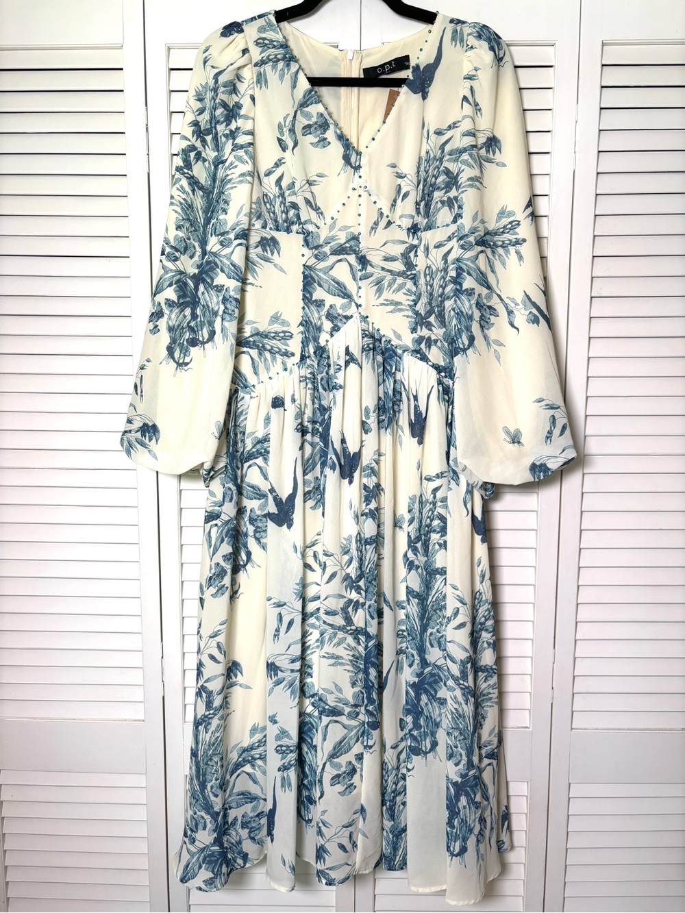 NWT O.P.T Abrielle Botanical Blue Empire Waist Lantern Sleeve Dress Small - Picture 6 of 10